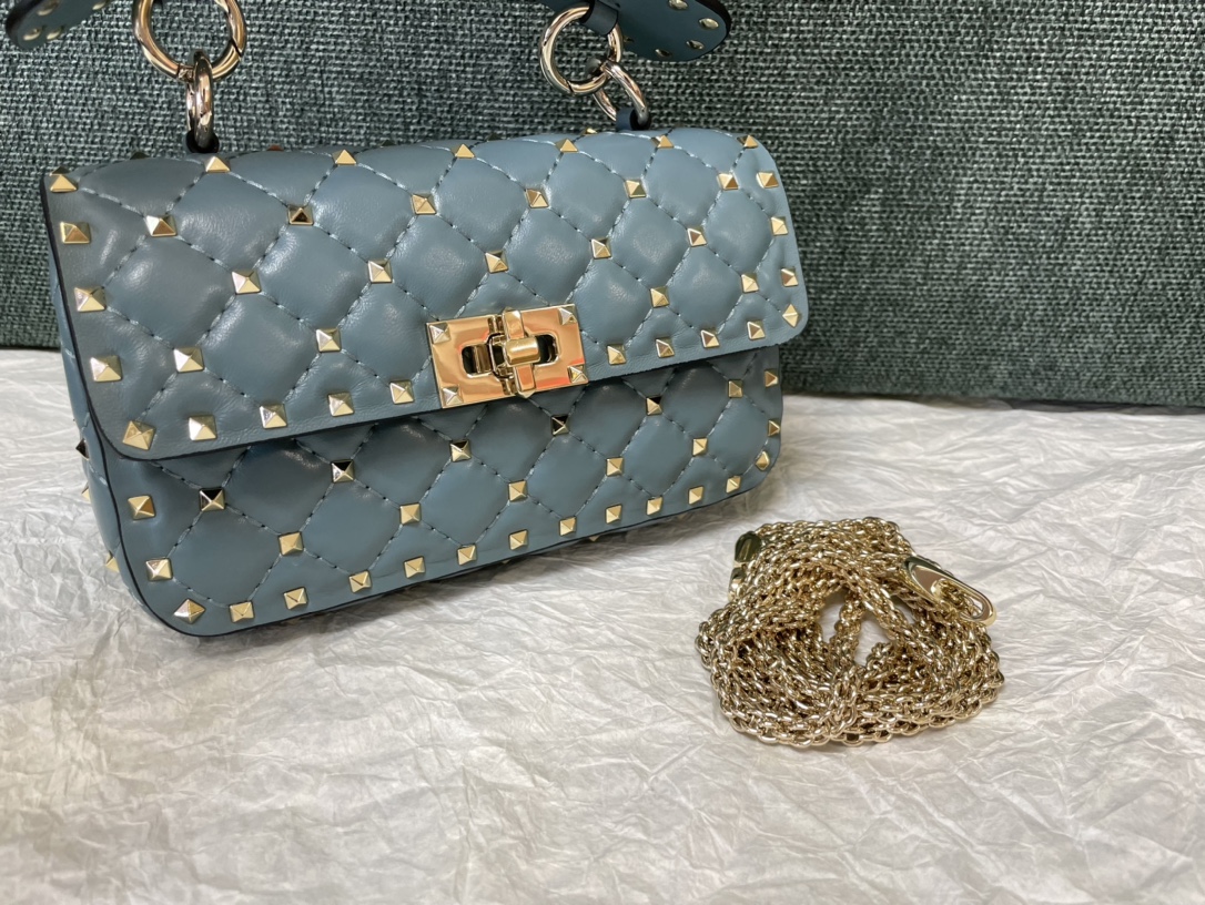 Valentino Garavani Rockstud Spike Small Chain Bag in Porcelain Blue Supple Lambskin Nappa